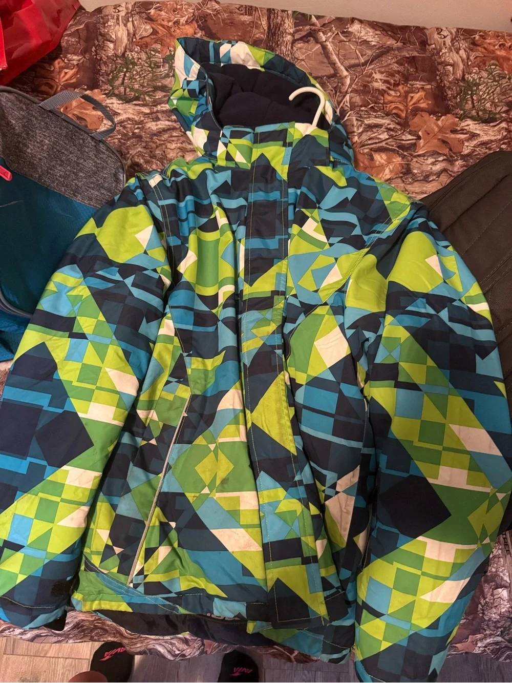 Geometric Print Winter Jacket in Blue + Lime Green